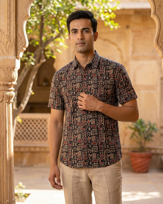 Tribal Print Vintage Cotton Half Sleeve Shirt for Men