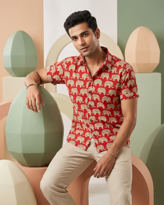 Traditional Vintage Elephant Print Cotton Shirt for Men