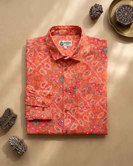 Classic Orange Bandhej Cotton Full Sleeve Shirt for Men