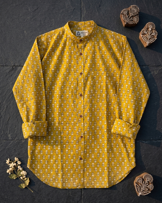 Haldi Print Mandarin Collar Cotton Shirt for Men - Festive Edit