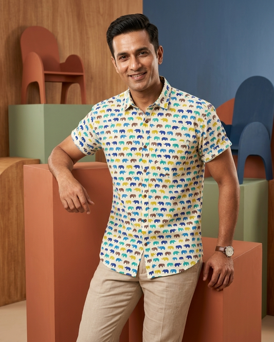 Small Elephant Print Cotton Shirt for Men