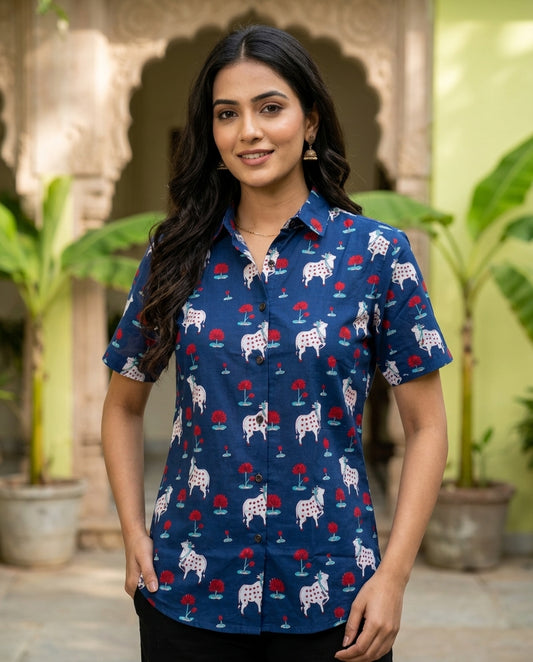 Womens Pichwai Cow Print Cotton Half Sleeves Shirt