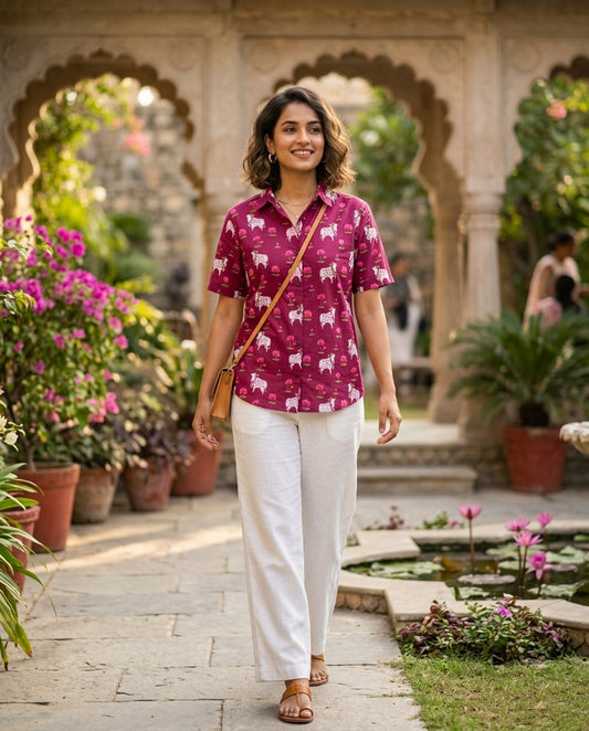 Pichwai Cow Printed Cotton Half Sleeve Shirt For Women