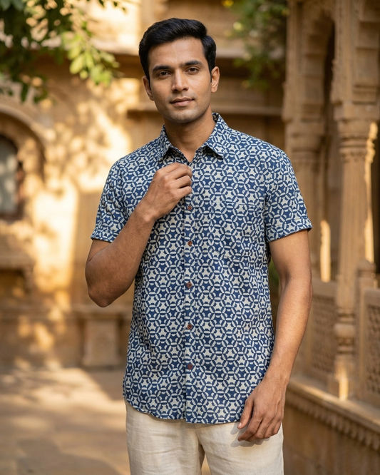 Indigo Print Cotton Half Sleeves Shirt for Men - Limited Edition