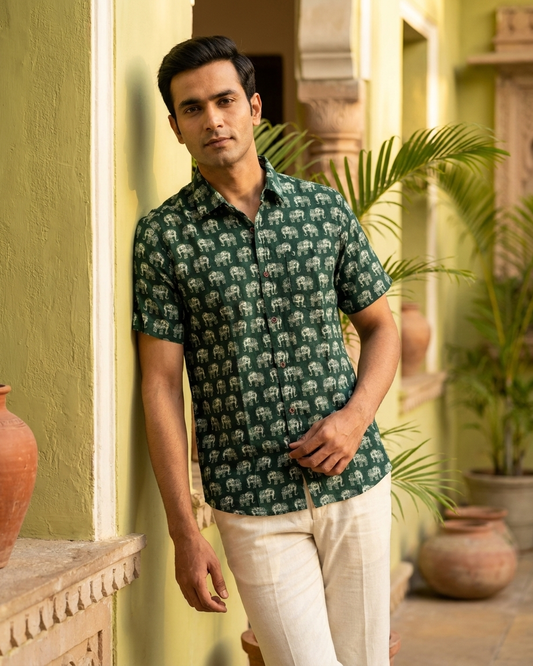 Classic Elephant Print Cotton Shirt for Men