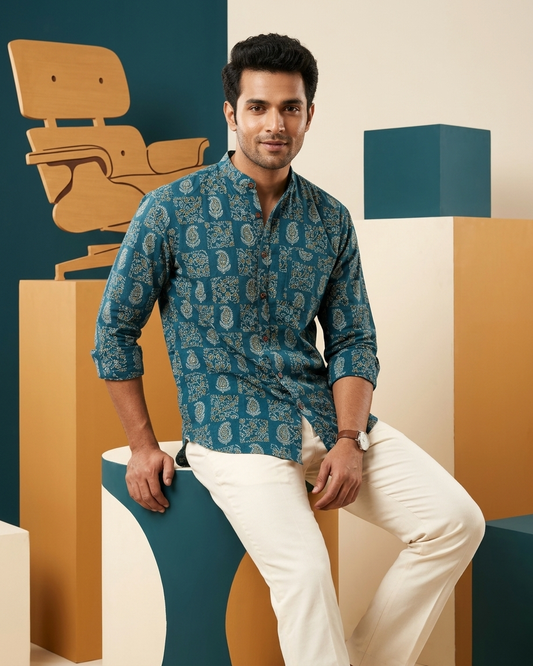 Kalamkari Print Mandarin Collar Cotton Shirt for Men