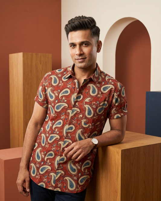 Short Sleeve Kalamkari Print Cotton Shirt For Men