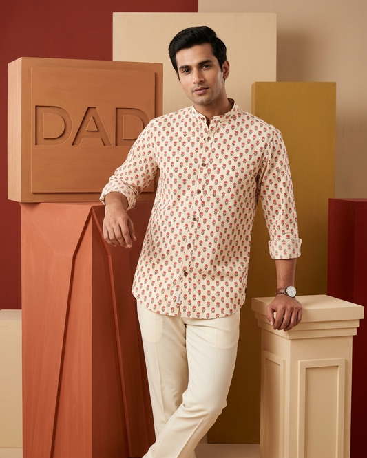 Floral Print Mandarin Collar Cotton Shirt for Men