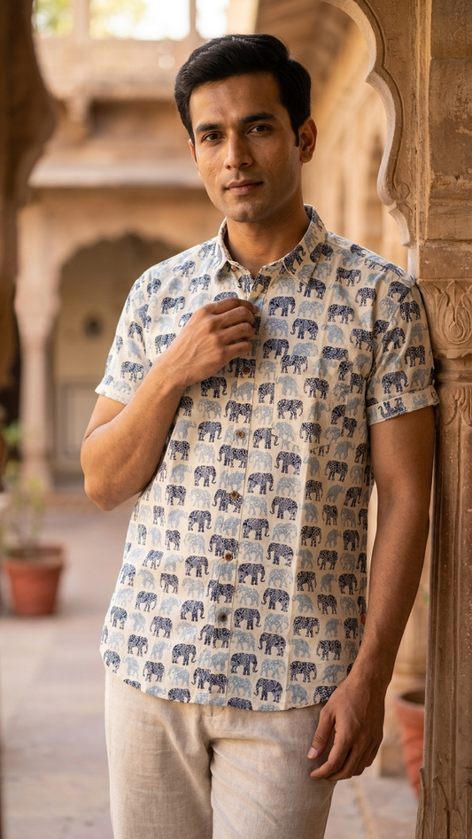 Traditional Elephant Print Cotton Shirt For Men