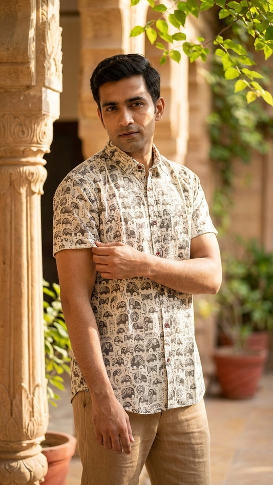 Traditional Elephant Print Cotton Shirt For Man