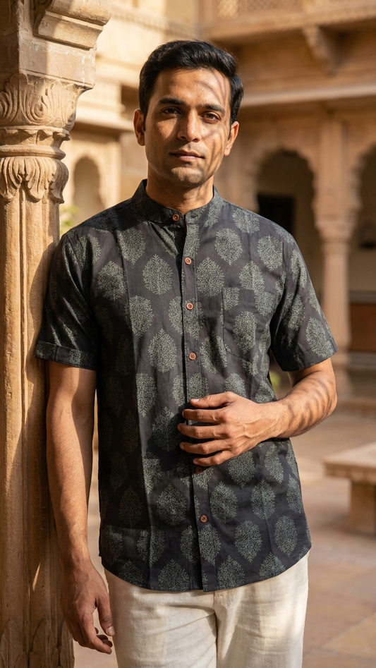 Ajrakh Boota Print Half Sleeve Cotton Shirt for Men - Festive Edit