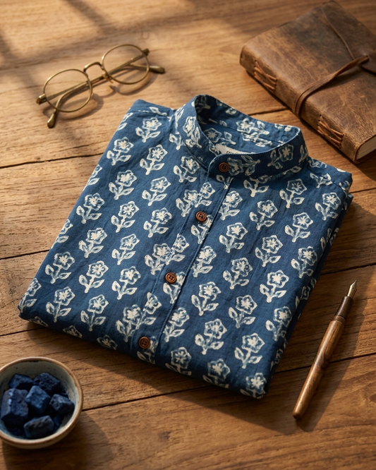 Sanganeri Print Mandarin Collar Cotton Shirt for Men