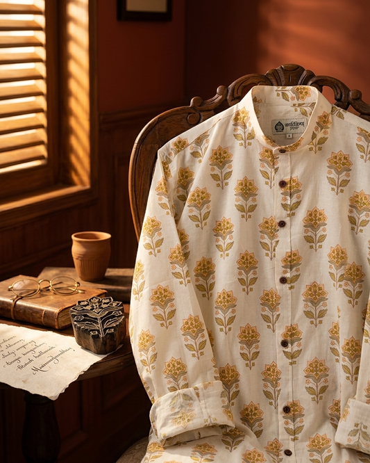 Floral Print Mandarin Collar Cotton Shirt for Men