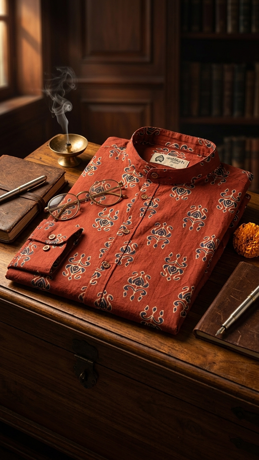 Ajrakh Print Mandarin Collar Cotton Shirt for Men