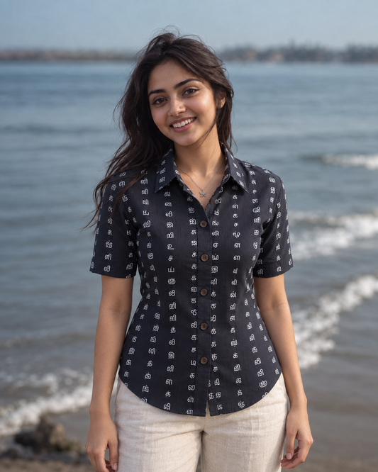 Tamil Alphabet Half Sleeves Classic Shirt for Women - Black