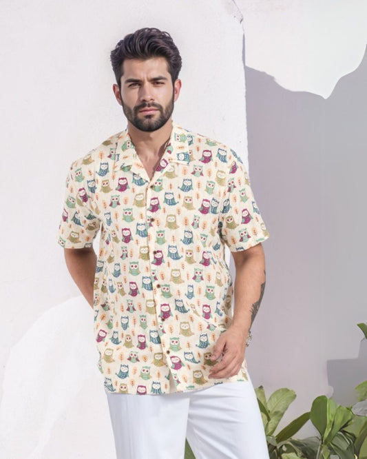 Cute Owl Print Beach Shirt for Men