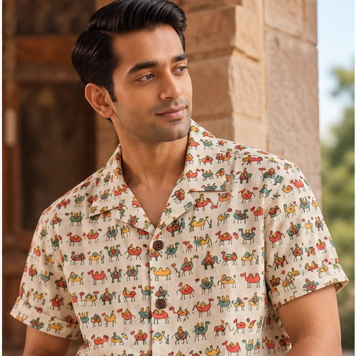 Mini Camel Print Yellow Camp Collar Shirt