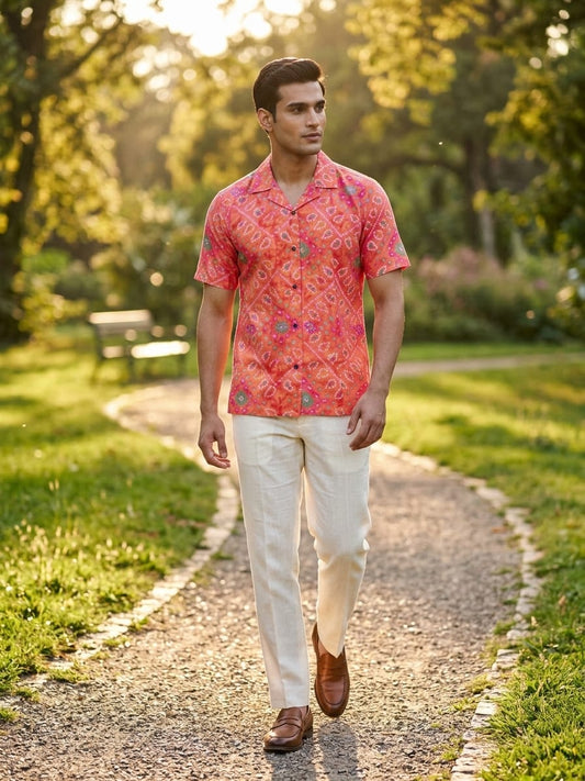 Classic Orange Bandhani Print Cuban Collar Shirt for Men