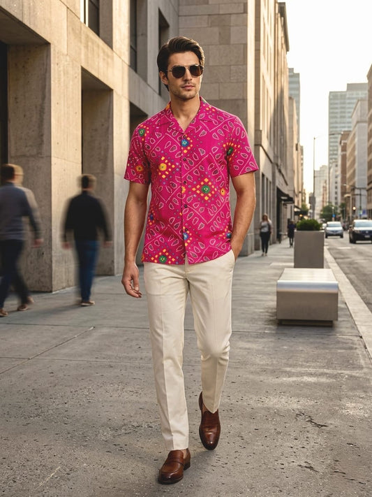 Classic Peach Bandhani Print Cuban Collar Shirt for Men