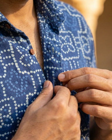 Ethnic Bandhani Men Indigo Shirt Half Sleeve