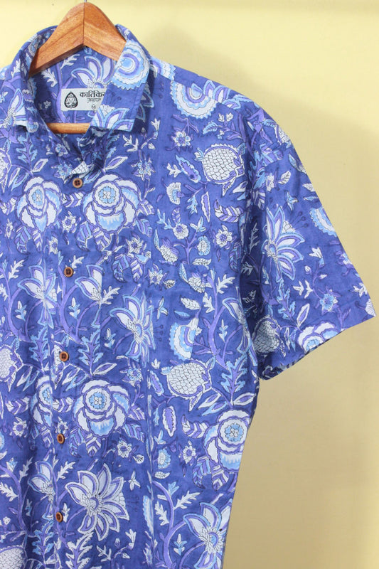 Floral Indigo Print Men's Cotton Shirt Blue