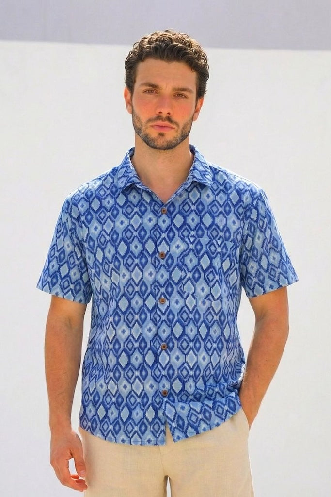 Ikat Print Mens Half Sleeves Cotton Shirt