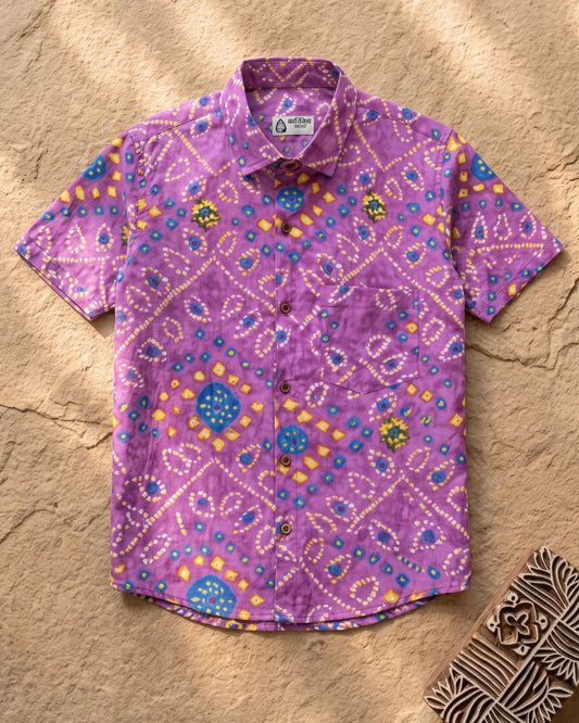 Purple Bandhej Print Men's Half Sleeves Cotton Shirt