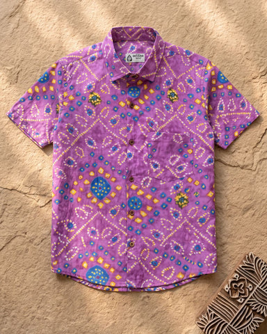 Purple Bandhej Print Men's Cotton Shirt