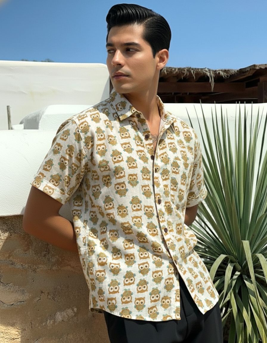 Cute Owl Print Cotton Half Sleeve Shirt for Men