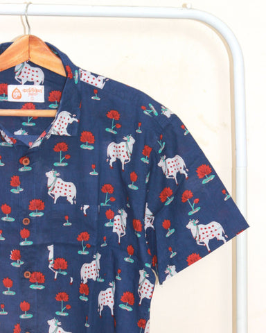 Blue Mens Pichwai Cow Half Sleeve Shirt