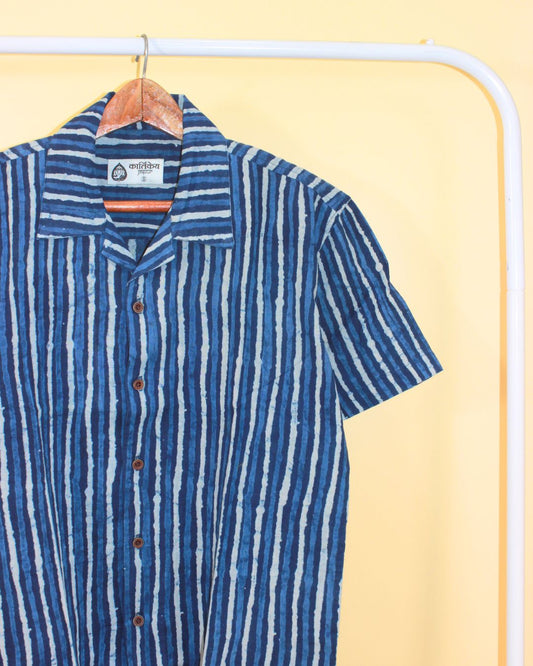 Dual Stripe Print Indigo Cuban Shirt