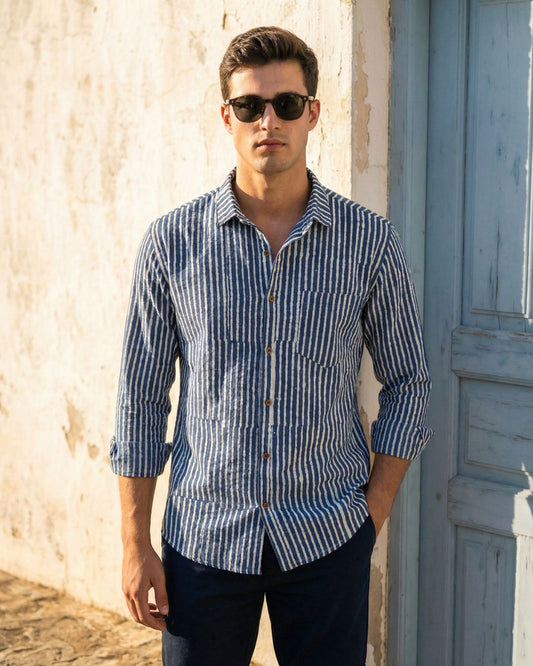 Indigo Print Stripe Print Shirt for Men