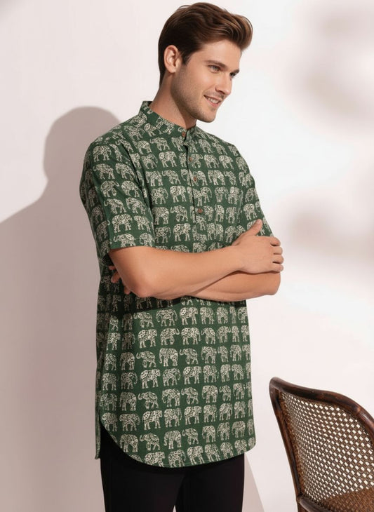 Elephant Print Half Sleeve Cotton Short Kurta for Men - Green