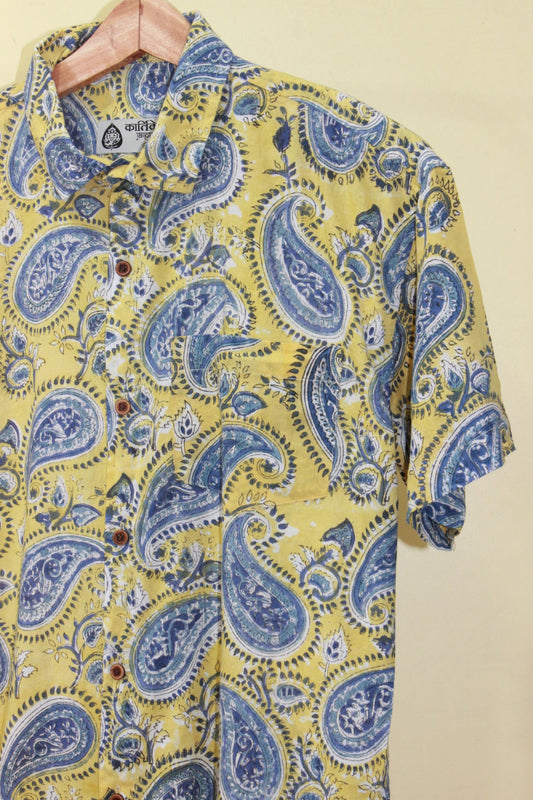 Yellow Half Sleeve Traditional Paisley Print Shirt Men