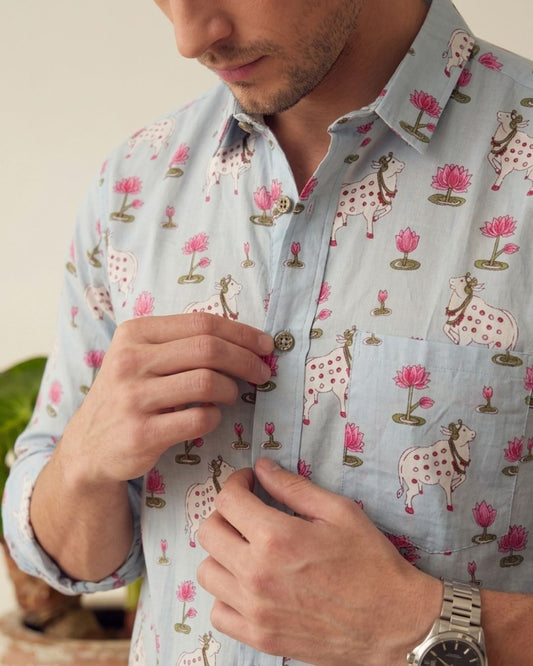 Pichwai Cow Sky Blue Full Sleeves Men Shirt