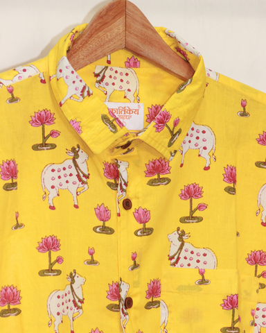 Mens Pichwai Yellow Cow Print Cotton Shirt
