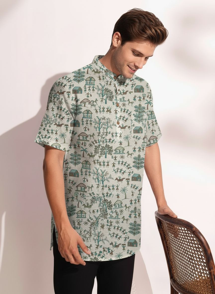 Tribal Print Half Sleeve Cotton Short Kurta for Men