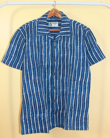 Dual Stripe Print Indigo Cuban Shirt