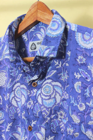 Floral Indigo Print Men's Cotton Shirt Blue