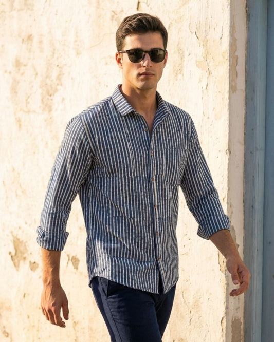 Indigo Print Stripe Print Shirt for Men