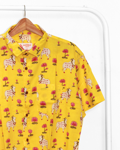 Mens Pichwai Yellow Cow Print Cotton Shirt