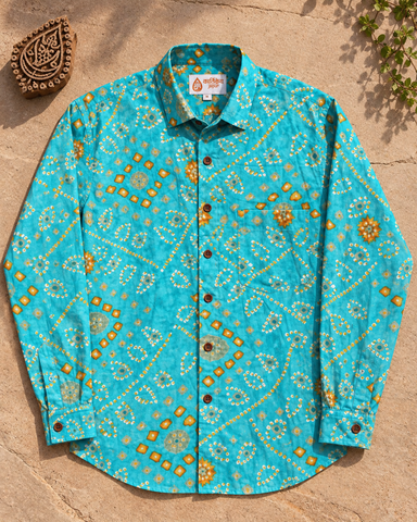 Ethnic Bandhej Print Festive Full Sleeve Turquoise Shirt