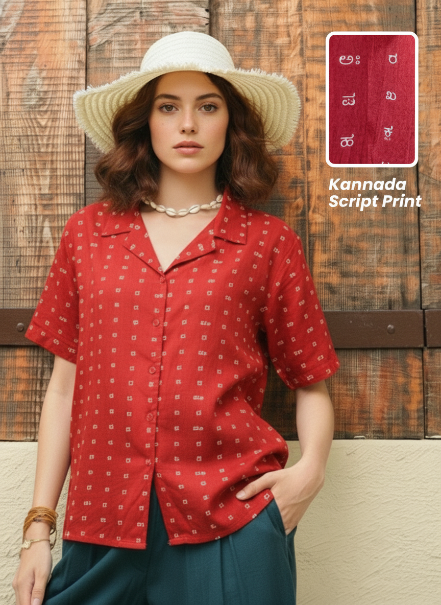 Oversized Classic Kannada Script Cuban Shirt For Womens
