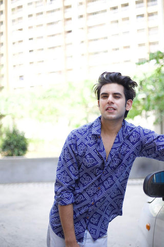 Bandhej Full Sleeves Printed Shirt For Men Blue Zodiac XXL