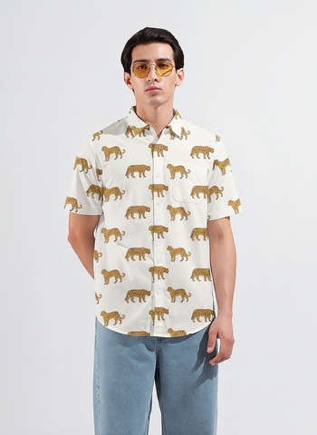Leopard Print Half Sleeve Cotton Shirt for Men
