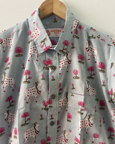 Pichwai Cow Sky Blue Full Sleeves Men Shirt