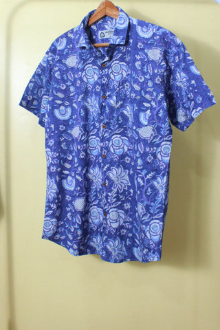 Floral Indigo Print Men's Cotton Shirt Blue