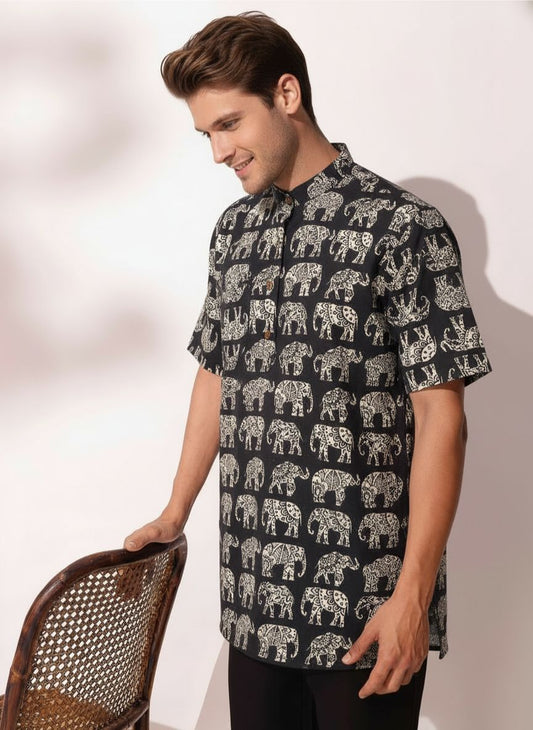 Small Elephant Print Half Sleeve Cotton Short Kurta for Men - Black