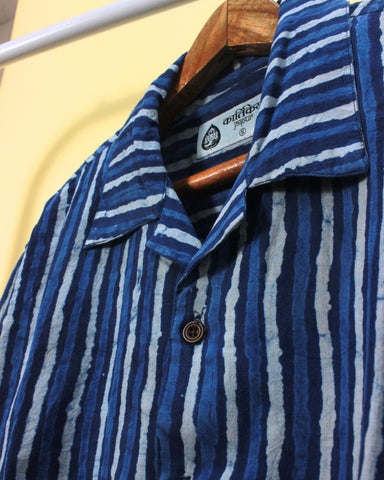 Dual Stripe Print Indigo Cuban Shirt