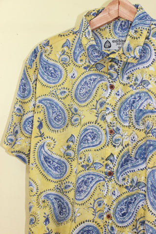 Yellow Half Sleeve Traditional Paisley Print Shirt Men